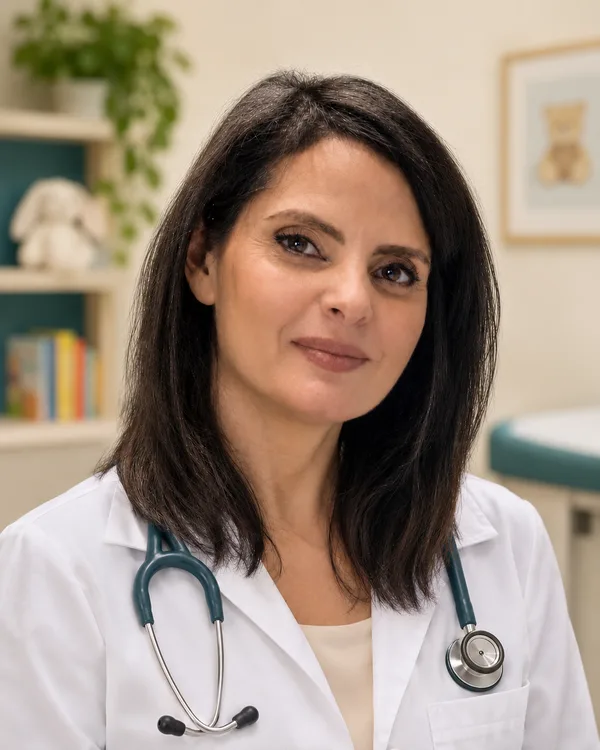 Dr. Roula Merheb Melki in a white coat
